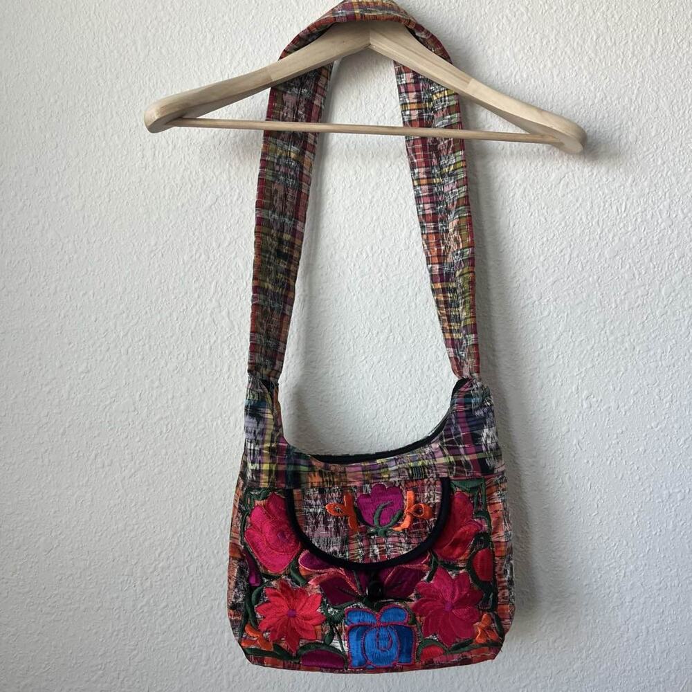 Embroidered Floral Plaid Patchwork Crossbody Hobo… - image 1